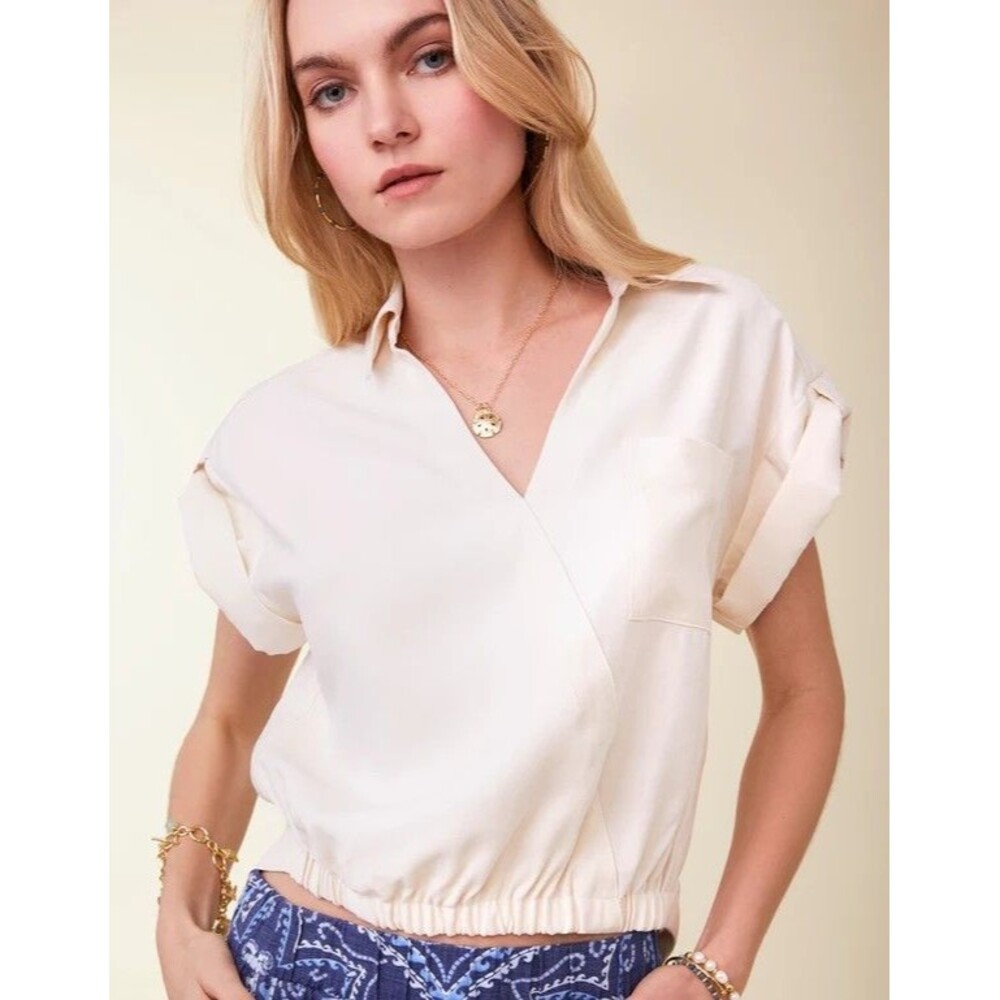 Spartina 449 Stevie Dew V Neck Cuffed Cap Sleeve Blouse Top Size M Ivory Boho